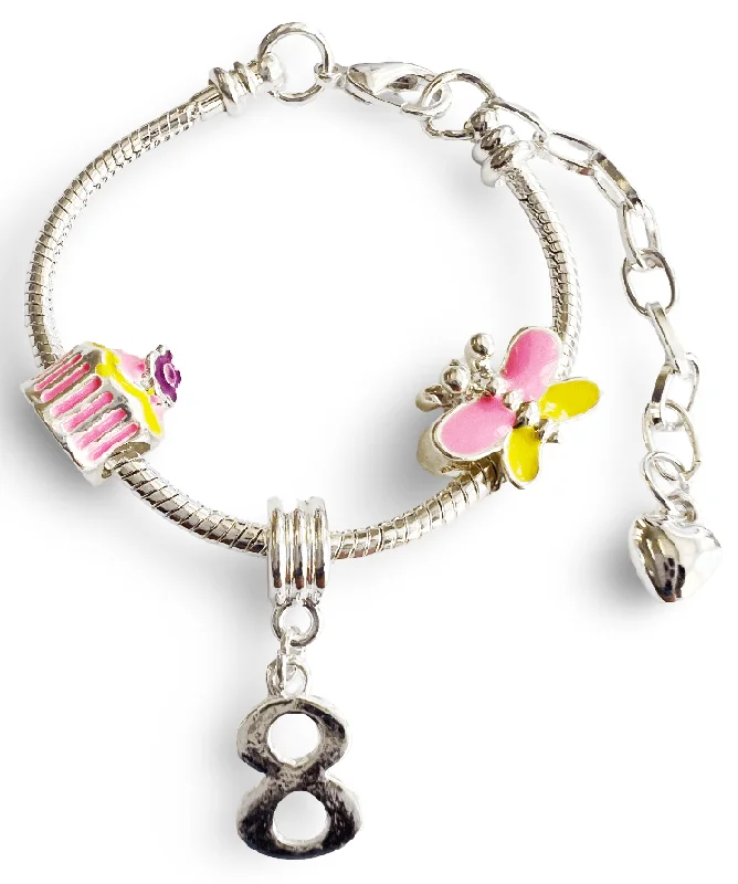 women cuff bracelets -Children's Adjustable 'Happy Birthday To You - Age 8' Silver Plated Charm Bead Bracelet