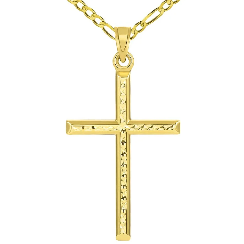 women vintage necklaces -14k Yellow Gold Textured Religious Classic Tube Cross Pendant with Figaro Necklace