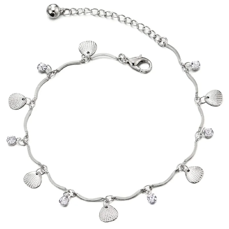 women vintage-style bangles -Anklet Bracelet with Dangling Charms of Shells, Cubic Zirconia and Jingle Bell