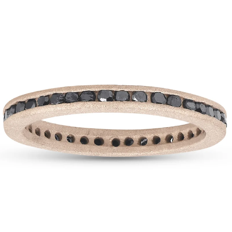 women modern luxury engagement rings -1/2ct Black Diamond Channel Set Brushed Finish Eternity Ring 14K Rose Gold