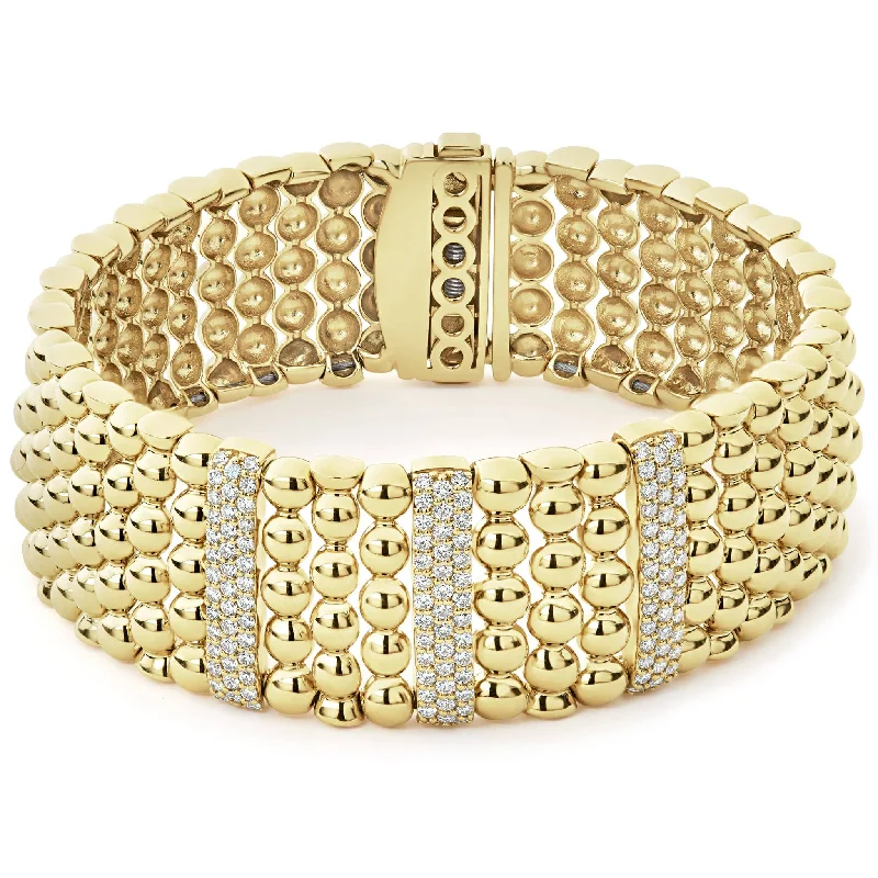 women bangle stack bracelets -Caviar Gold Three Station 18K Gold Diamond Bracelet | 20mm