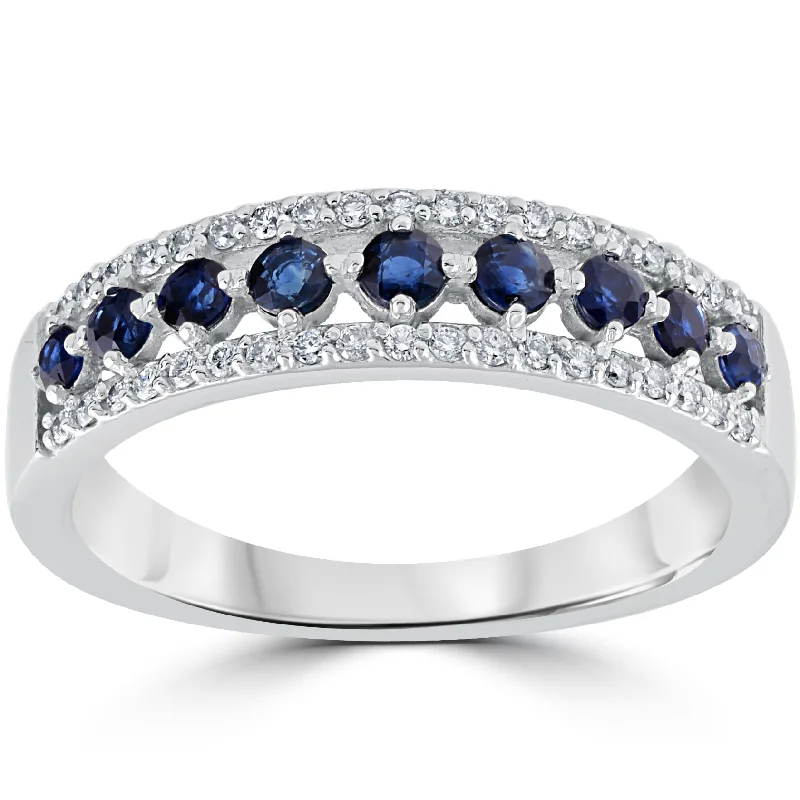 women diamond solitaire engagement rings -5/8 cttw Blue Sapphire & Diamond Wedding Ring Womens Band 14k White Gold