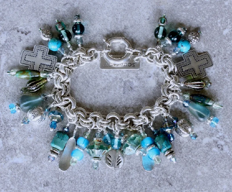 women bangles -28-Charm Turquoise, Czech Glass and Sterling Silver Bracelet with a Sterling Silver Two-By-Two Link Chain and Sterling Spring Ring Clasp