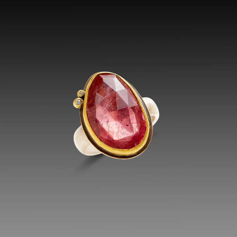 women stackable gemstone rings -Organic Pink Tourmaline Ring with Diamond Dots