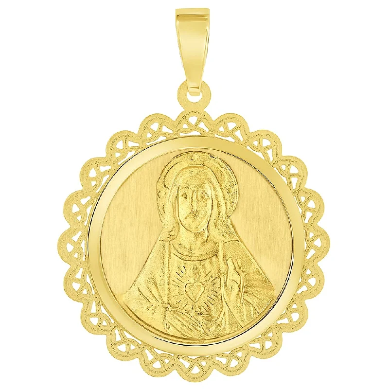 women gemstone drop necklaces -14k Yellow Gold Sacred Heart of Jesus Christ On Round Ornate Miraculous Medal Pendant (1")