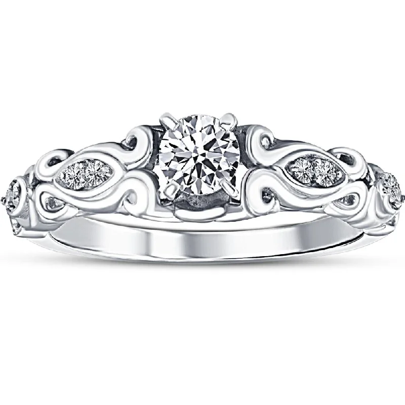 women birthstone rings for engagement -1/2ct Vintage Diamond Engagement Ring 14K White Gold