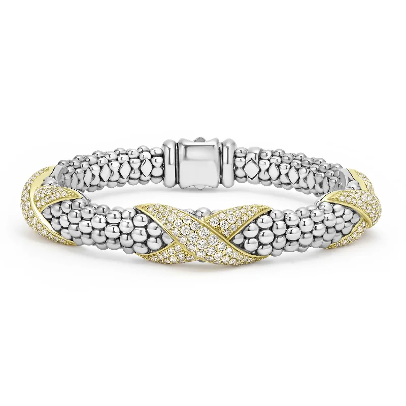 women art deco bracelets -Embrace Three Station Diamond X Caviar Bracelet | 9mm