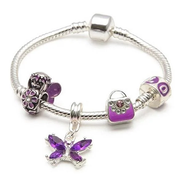 women floral bracelets -Children's 'Purple Fairy And Butterflies' Silver Plated Charm Bead Bracelet