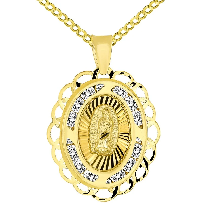 women unique necklaces -14k Yellow Gold Fancy Our Lady of Guadalupe Mary CZ Studded Oval Medallion Charm Pendant Cuban Necklace