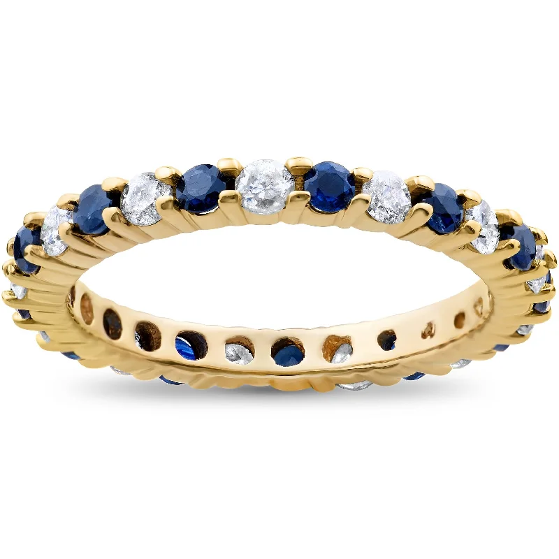 women unique cut engagement rings -1 1/2ct Diamond Sapphire Eternity Ring 14K Yellow Gold