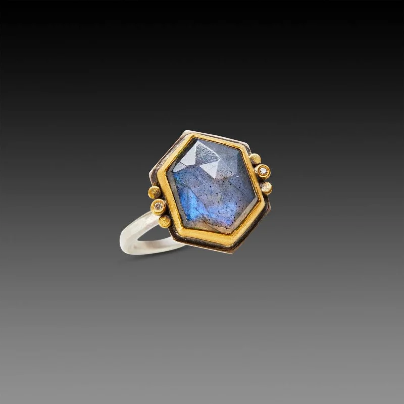 women art deco rings -Geometric Labradorite Ring with Diamonds