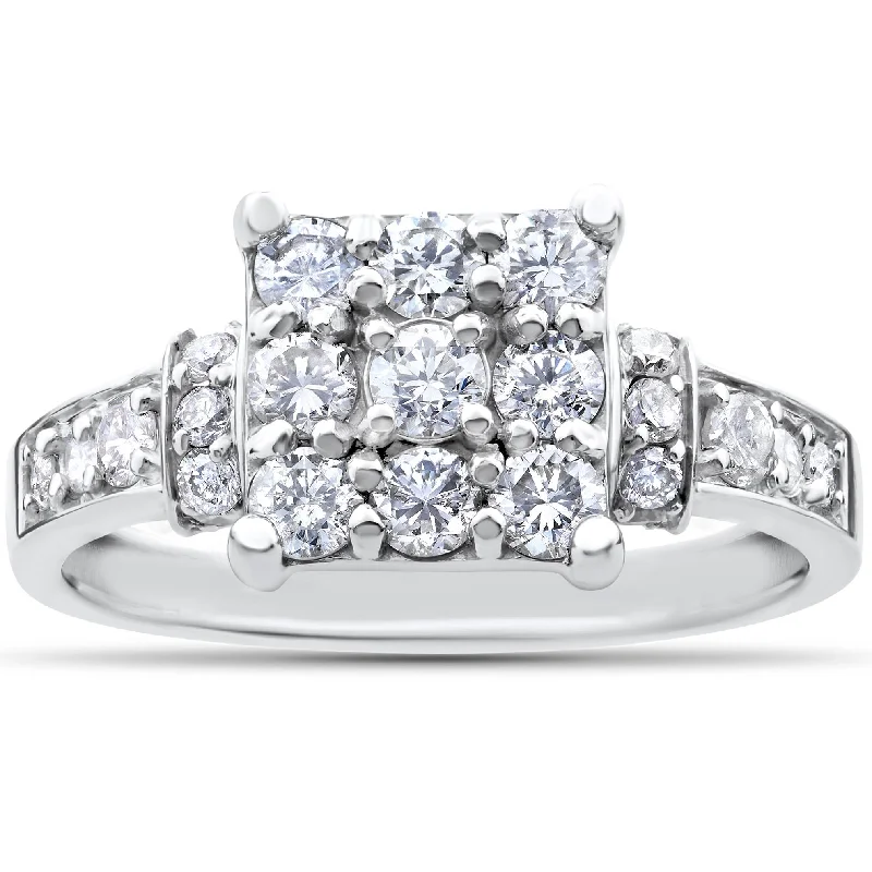 women unique engagement rings -1ct Diamond Cluster Halo Engagement Ring 14k White Gold