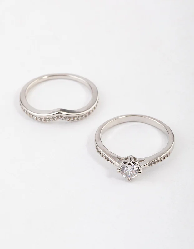 women engagement rings -Silver Plated Glamorous V-Stack Ring Set