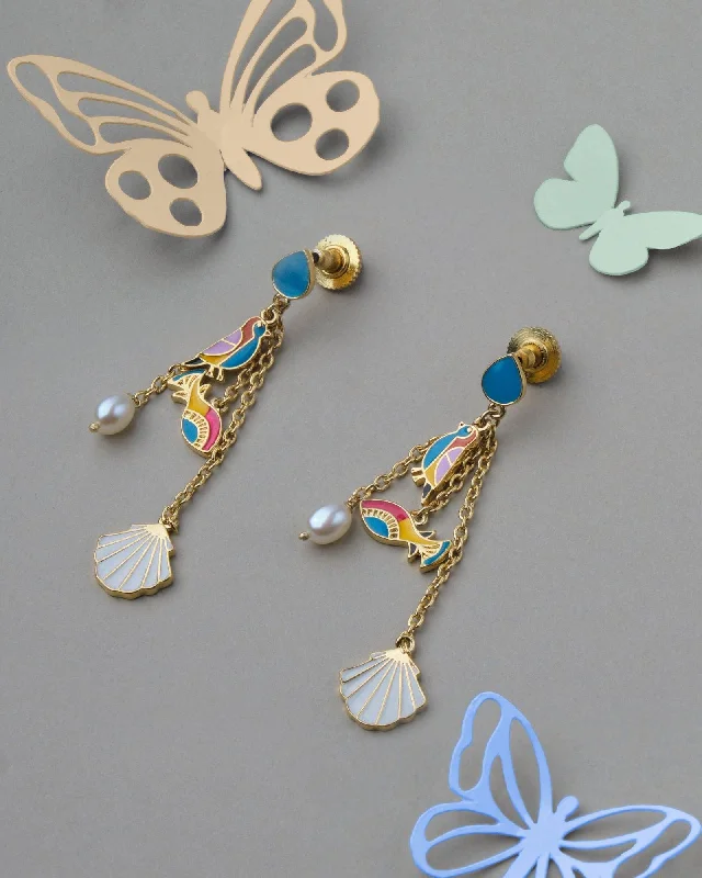 women hoop earrings -Viha Fish & Bird Enamel Drop Pearl Earring