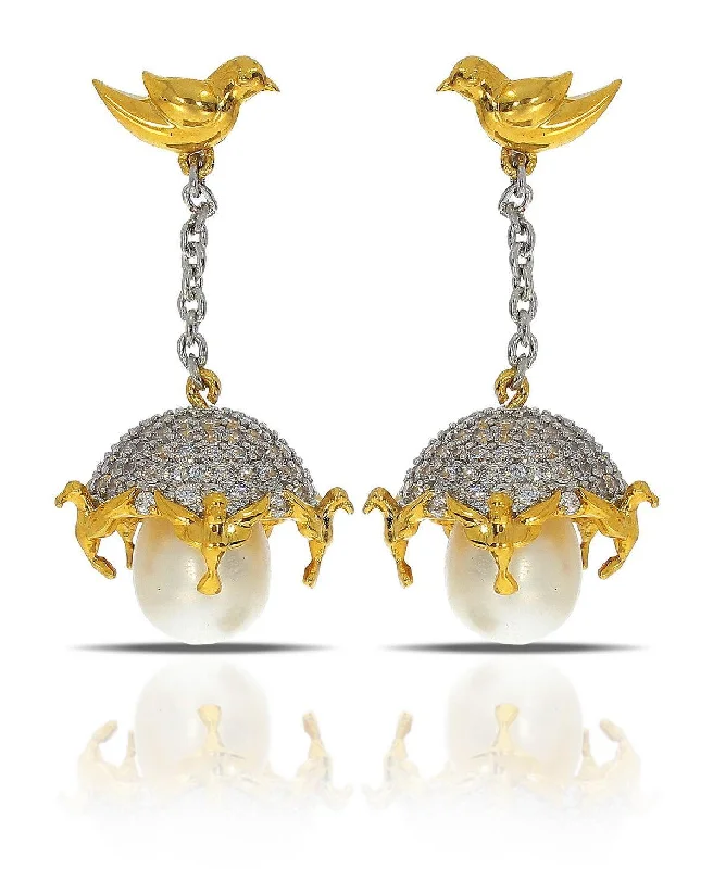 women contemporary earrings -Traditional Bird Stone Studded Pearl Hanging Earrings