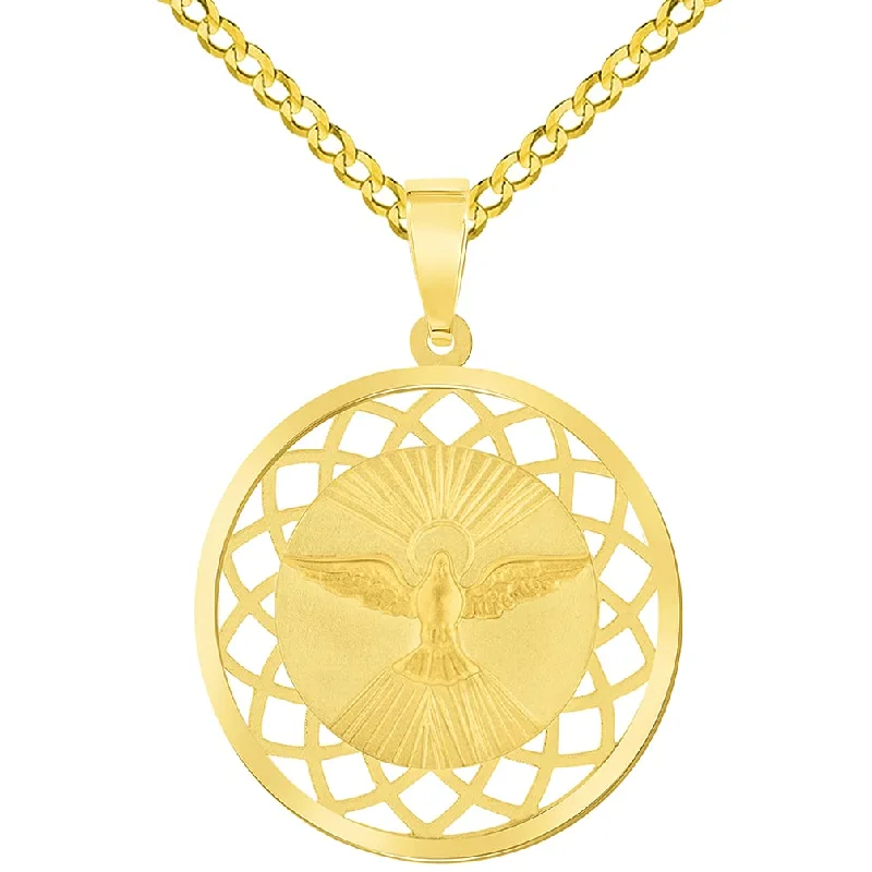 women rose gold pendant necklaces -14k Yellow Gold Holy Spirit Dove Religious Round Open Ornate Medal Pendant with Cuban Chain Curb Necklace