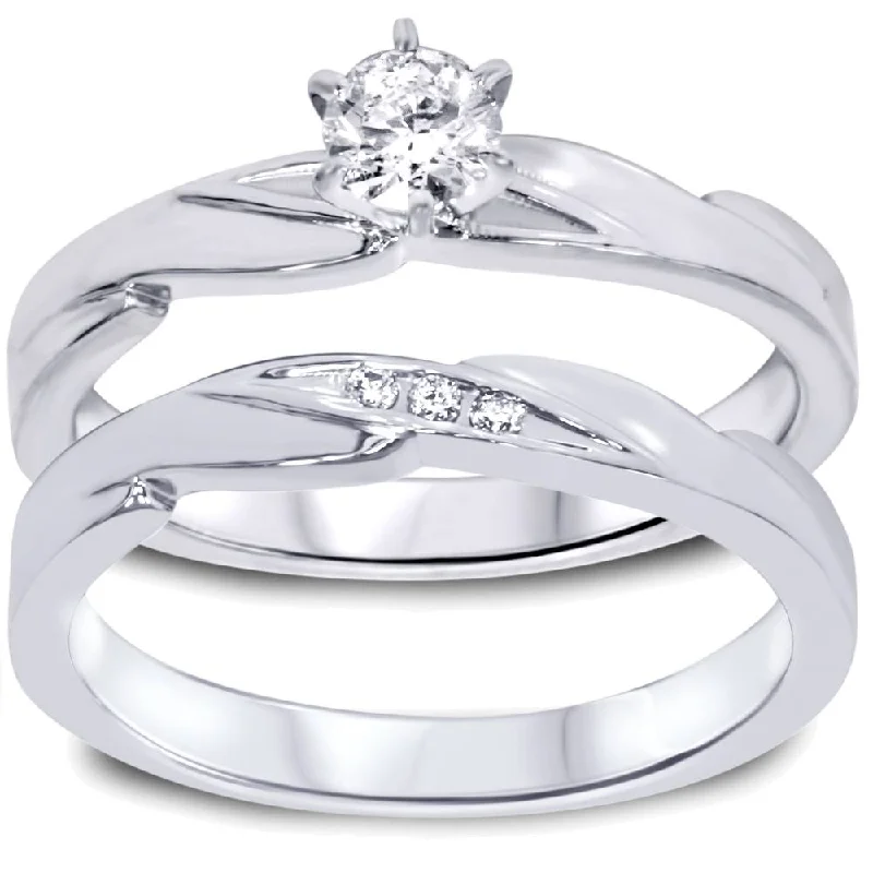 women platinum solitaire engagement rings -1/4ct Diamond Engagement Wedding Ring Set 10K White Gold