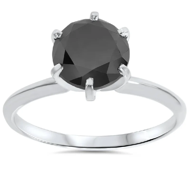 women double halo engagement rings -2 1/2ct Black Diamond Solitaire Ring 14K White Gold