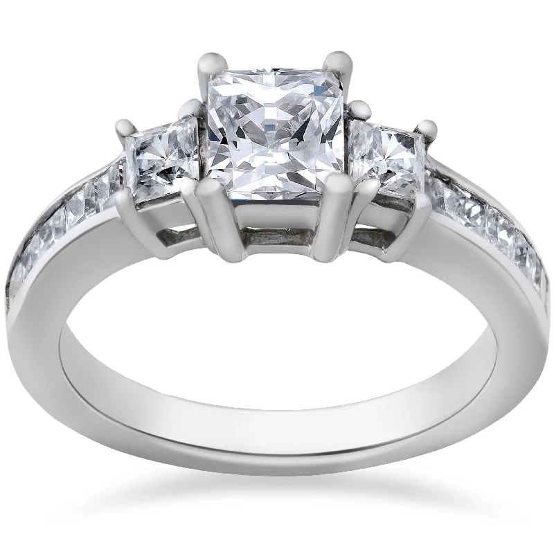 women antique engagement rings -Princess Cut Diamond Engagement Ring 3-Stone 1 1/2ct 14k White Gold