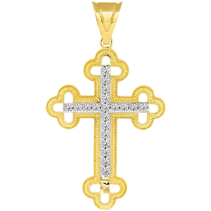 women rose gold necklaces -14k Two Tone Gold Textured Christian Orthodox CZ Cross Pendant