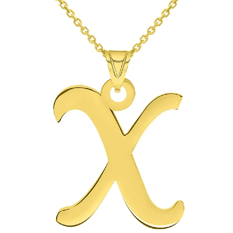 women zodiac necklaces -14k Yellow Gold Dainty Uppercase Script Initial X Cursive Letter Pendant Necklace