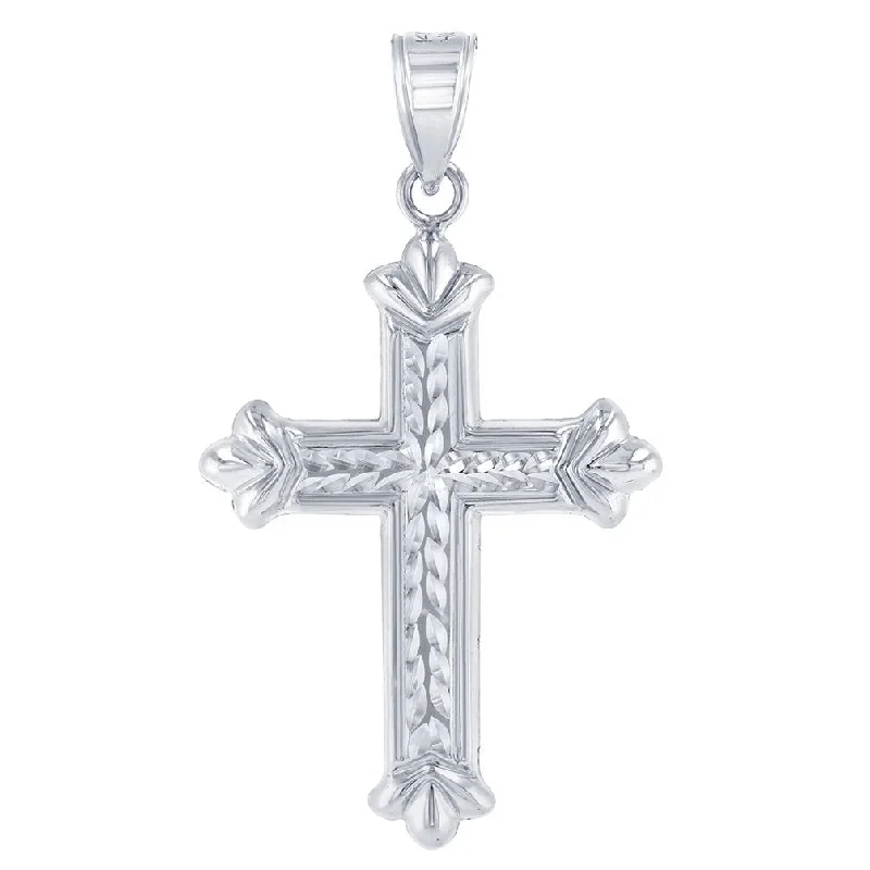 women minimalist gold necklaces -Textured 14k White Gold Fleur de Lis Cross Charm Pendant