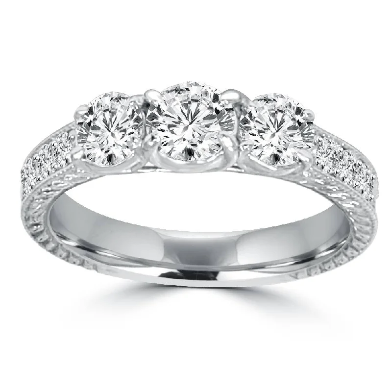 women designer engagement rings -1 1/2ct Vintage Three Stone Round Diamond Engagement Ring 14K White Gold (H/SI2)