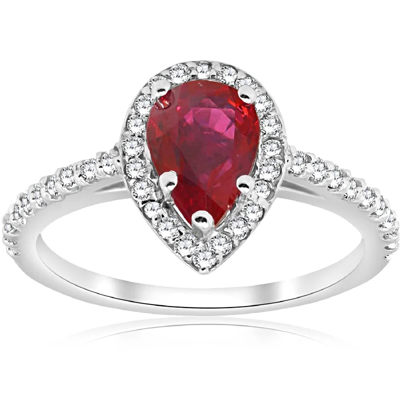 women princess diamond engagement rings -1 1/2ct Pear Shape Ruby & Diamond Halo Ring 14K White Gold