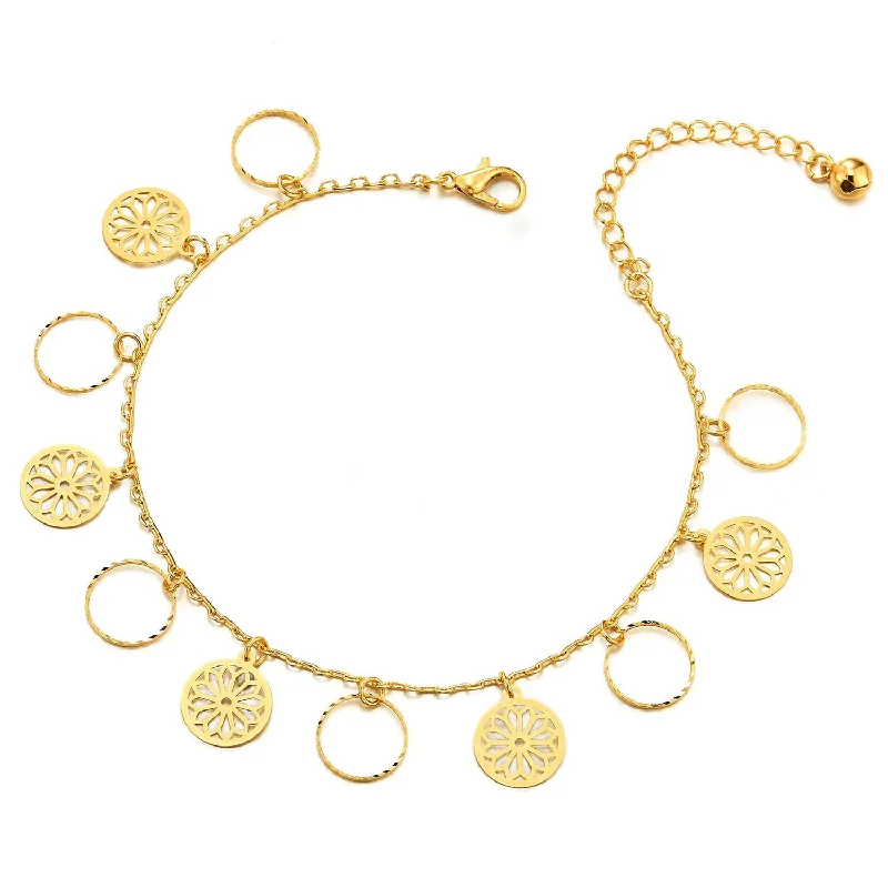 women multicolor bangles -Gold Color Link Chain Anklet Bracelet with Charms of Wreath Circles Flower and Jingle Bell