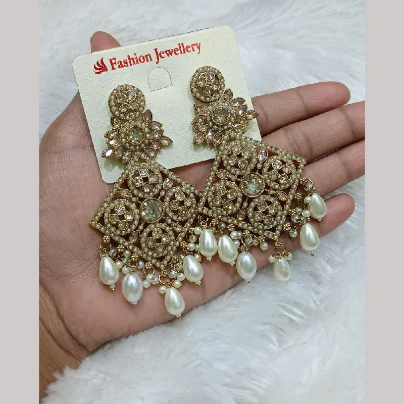 women fashion earrings -Lucentarts Jewellery Gold Plated Crystal Stone And Pearls Dangler Earrings