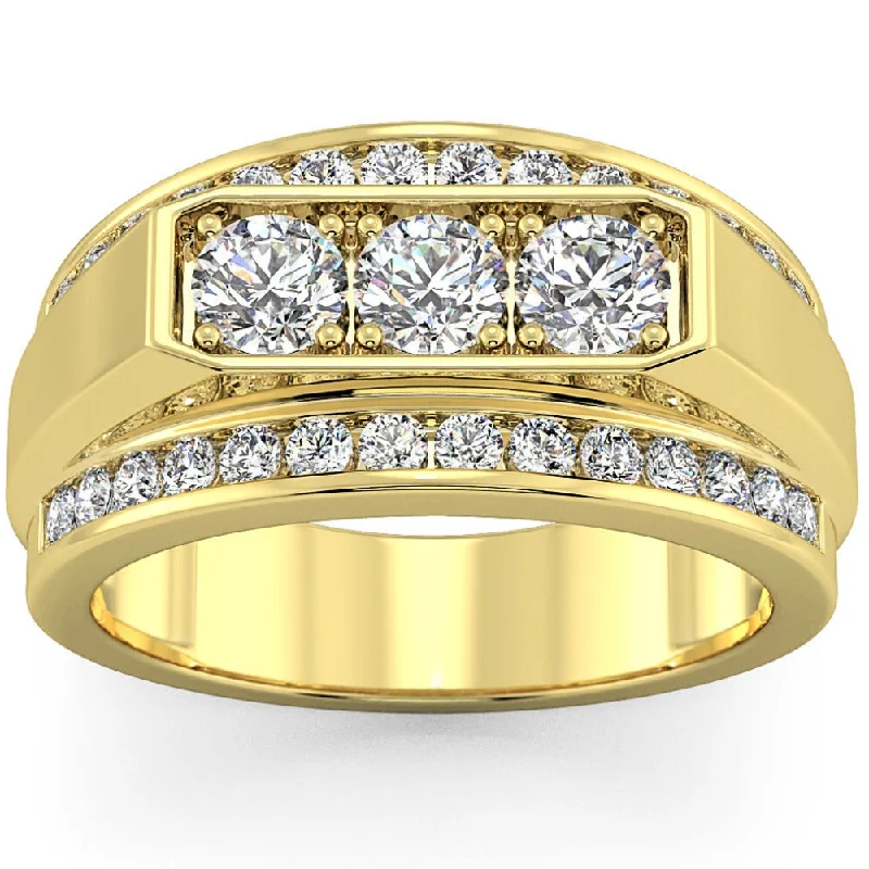 women halo engagement ring sets -Men's 2 CT. T.W. Lab Grown Diamond Border Three Stone Ring in 14K Gold