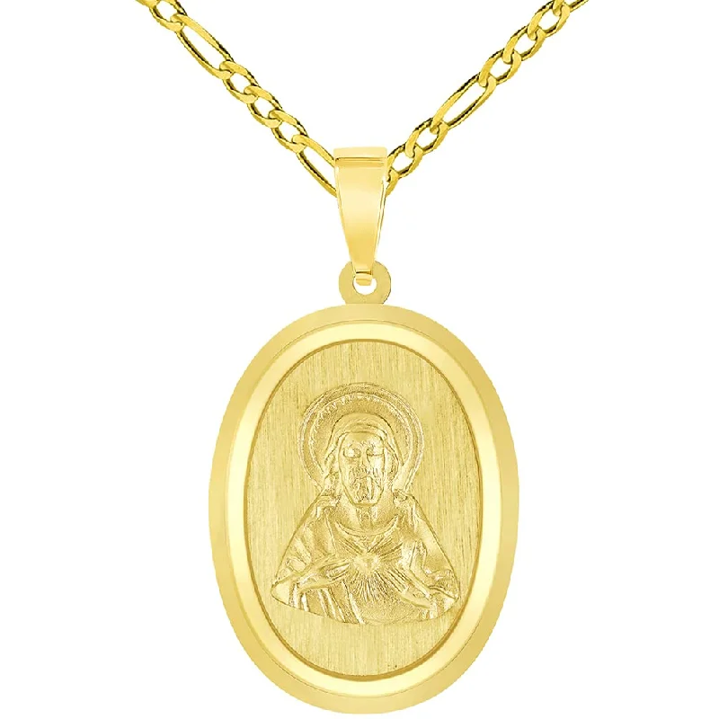 women link necklaces -14k Yellow Gold Sacred Heart of Jesus Christ On Oval Miraculous Medal Pendant with Figaro Chain Necklace