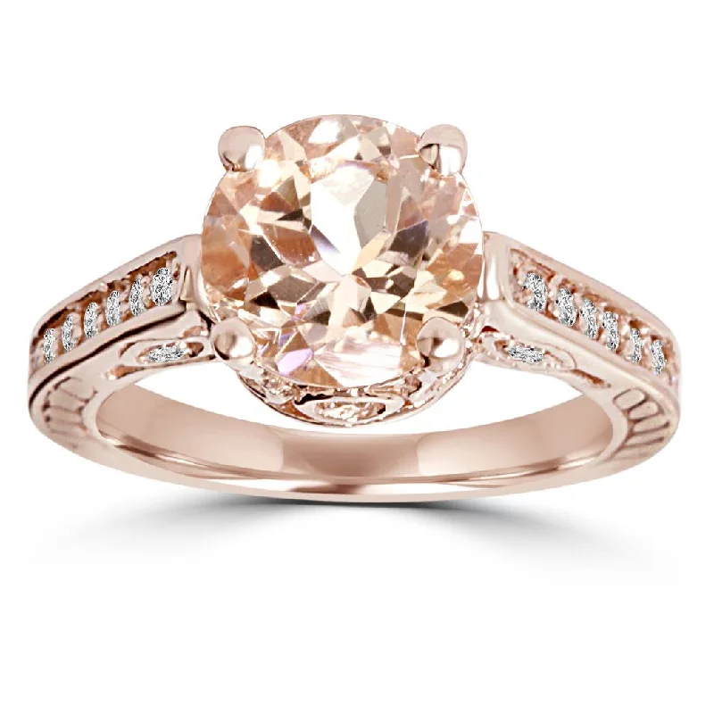 women oval diamond engagement rings -2 Carat Morganite & Diamond Vintage Engagement Ring 14K Rose Gold