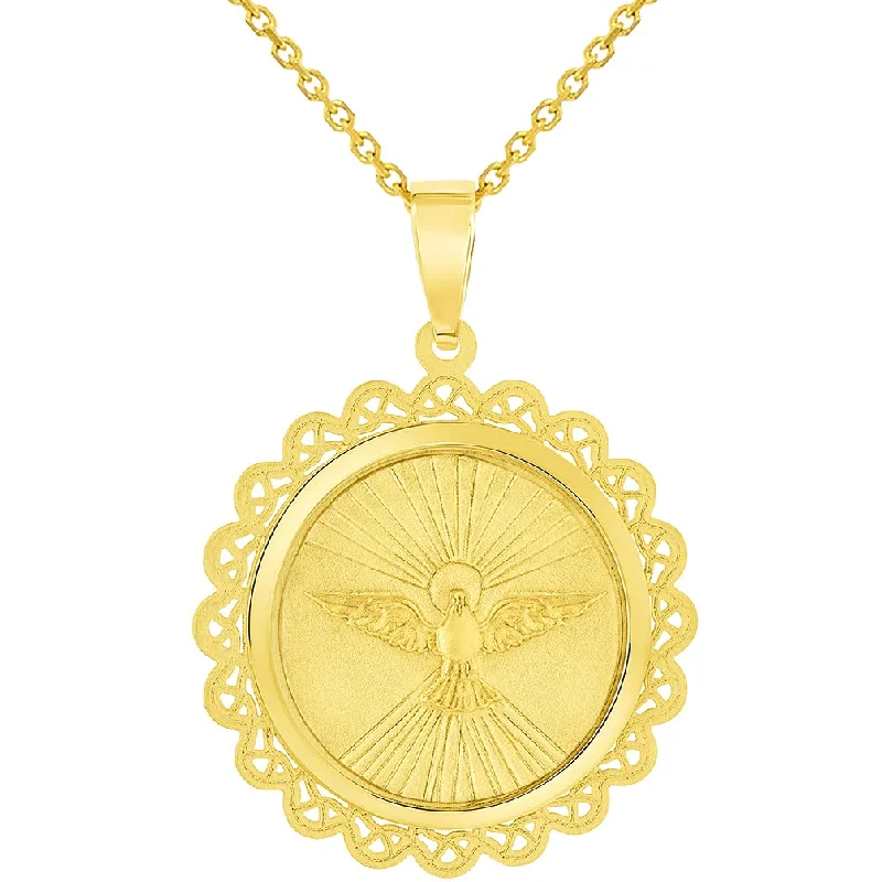 women minimalist pendant necklaces -14k Yellow Gold Holy Spirit Dove Religious Round Ornate Medal Pendant Necklace