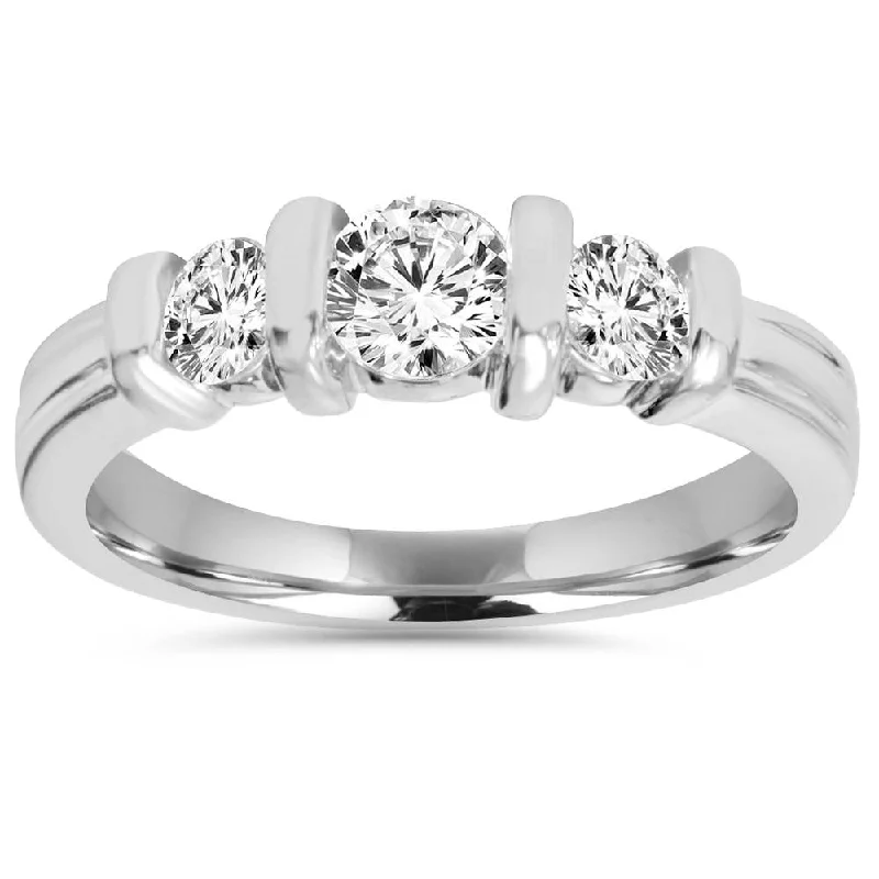 women platinum solitaire engagement rings -1 Cttw 3-Stone Natural Diamond Engagement Ring Bar Set 10K White Gold Band