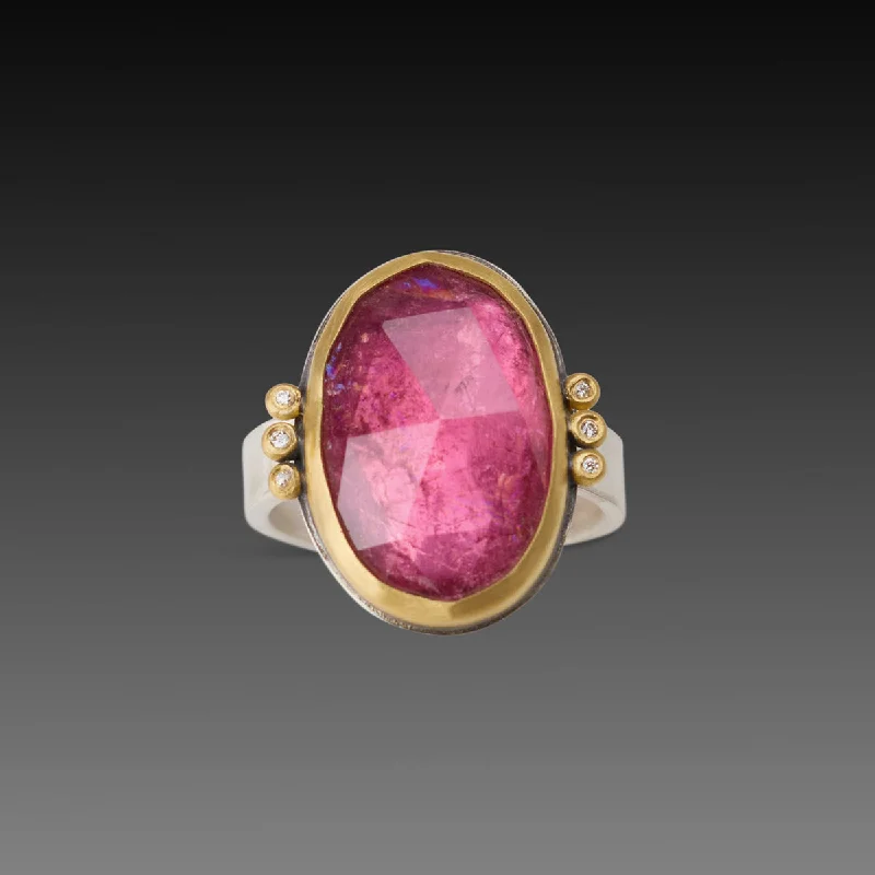 women ruby rings -Pink Tourmaline Ring with Diamond Trios