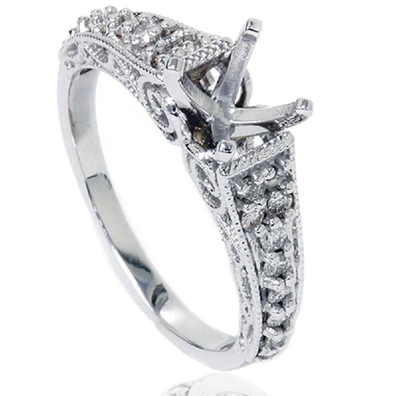 women oval diamond engagement rings -3/8ct Vintage Diamond Engagement Ring Mount 14K White Gold