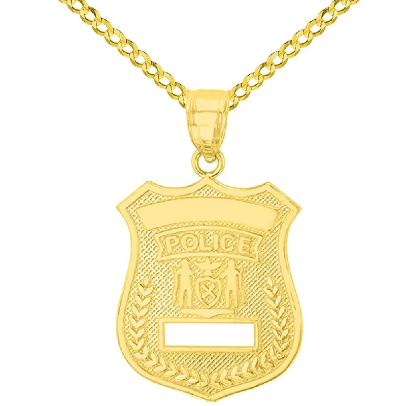 women monogram necklaces -Solid 14K Yellow Gold Police Officer Badge Charm Pendant with Cuban Chain Necklace