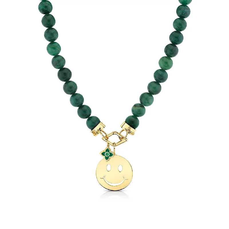 women luxury necklaces -Pure Gold Happy Face Emerald Moroccan Flower Verdite Necklace