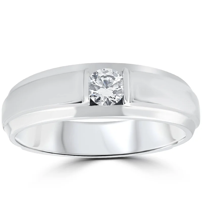 women solitaire engagement rings -1/6CT Mens Diamond Solitaire Ring 10K White Gold