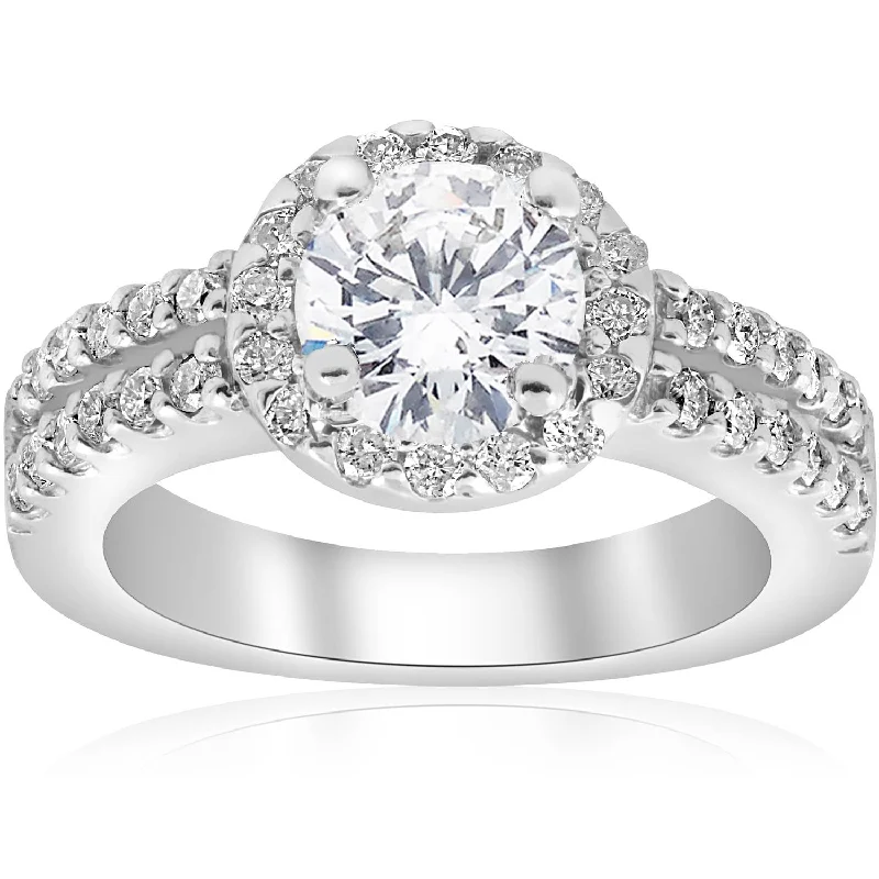 women gold solitaire engagement rings -1 1/2ct Halo Diamond Engagement Ring 14K White Gold Double Row