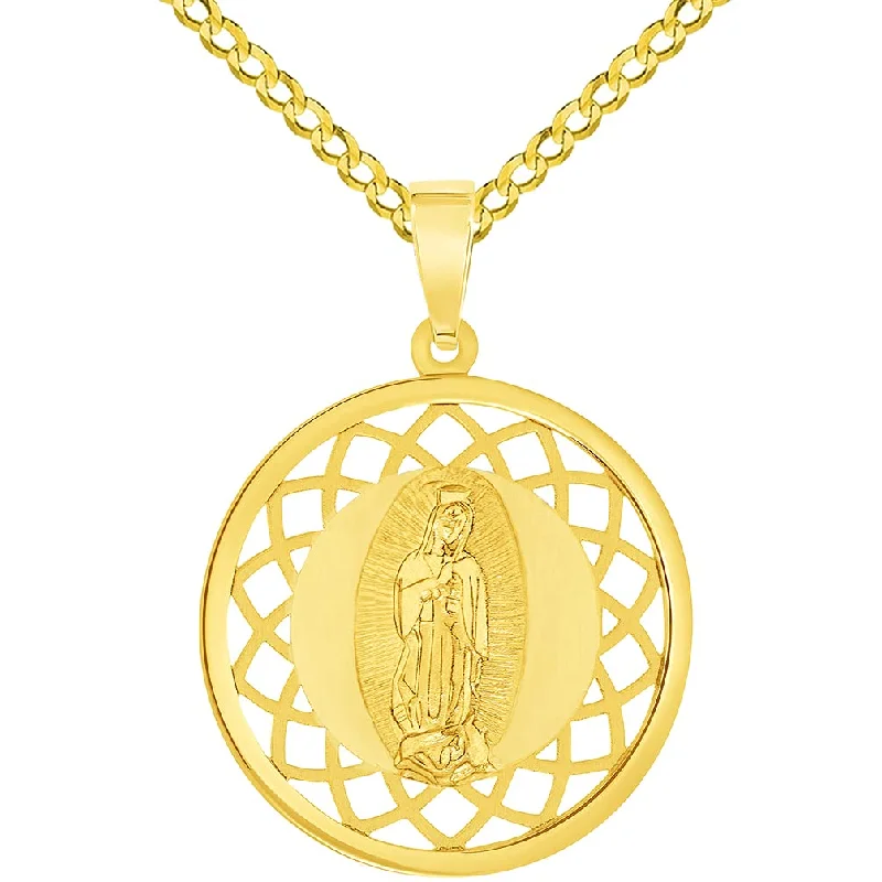 women unique necklaces -14k Yellow Gold Miraculous Medal of Our Lady of Guadalupe Pendant with Cuban Chain Curb Necklace