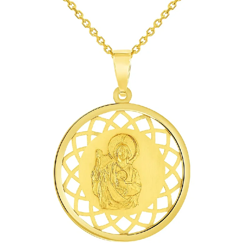 women minimalist necklaces -14k Yellow Gold Round Open Ornate Medal of Saint Jude Thaddeus the Apostle Pendant Necklace