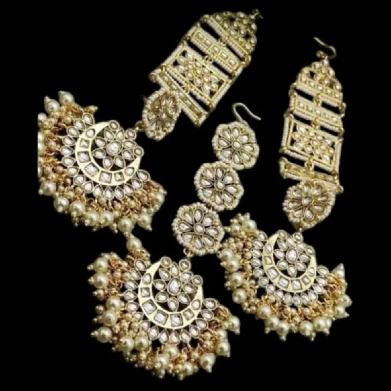 women large stud earrings -SNERA Gold Plated Kundan Stone And Beads Dangler Earrings With Maangtikka