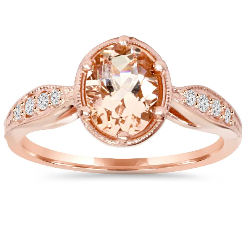 women cushion cut engagement rings -1ct Vintage Morganite & Diamond Ring 14K Rose Gold