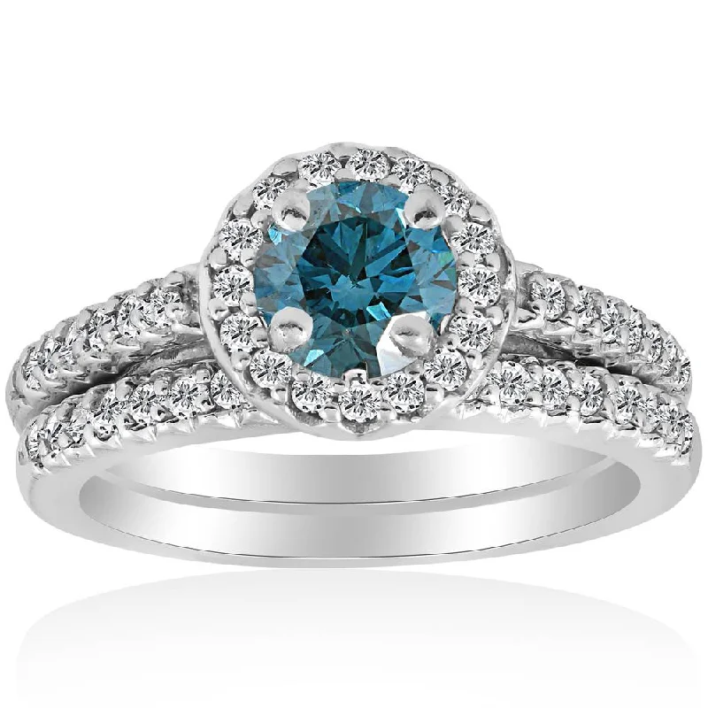 women diamond engagement rings -3/4Ct Halo Round Blue Diamond Engagement Matching Wedding Ring Set White Gold