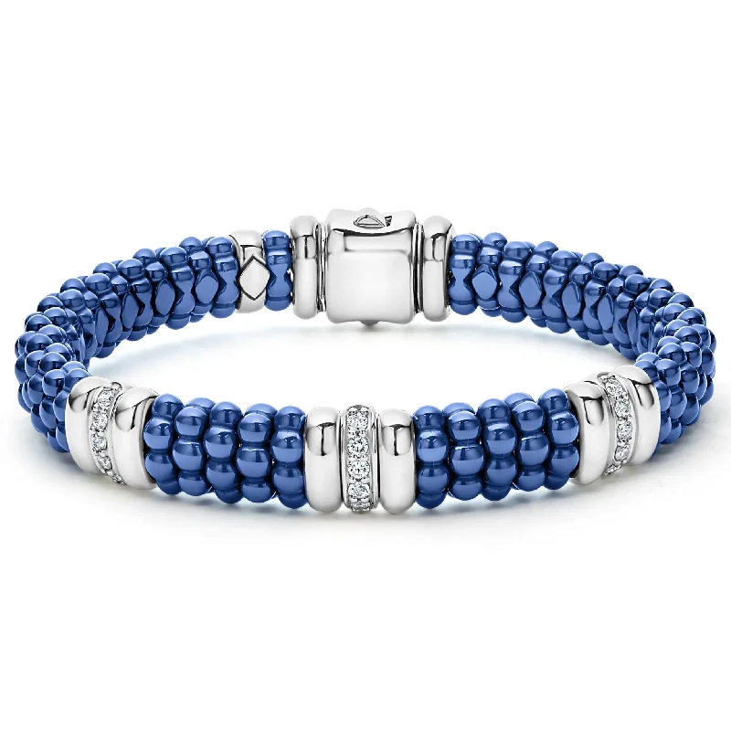 women handmade bracelets -Blue Caviar Ultramarine Three Station Ceramic Diamond Bracelet | 9mm