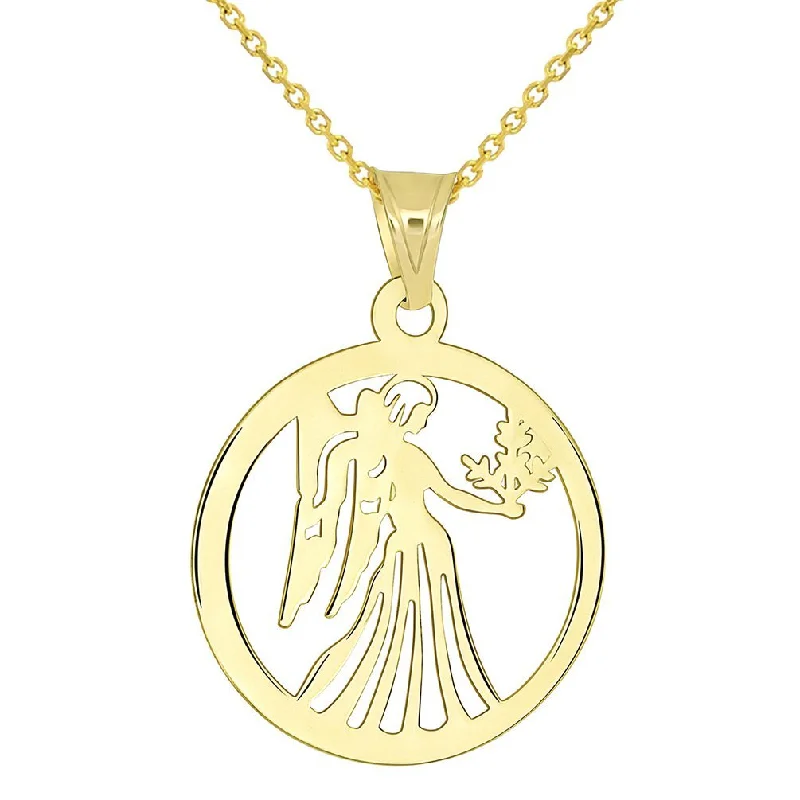 women moon necklaces -14k Yellow Gold Dainty Round Virgo Holding Wheat Zodiac Sign Cut-Out Disc Pendant Necklace