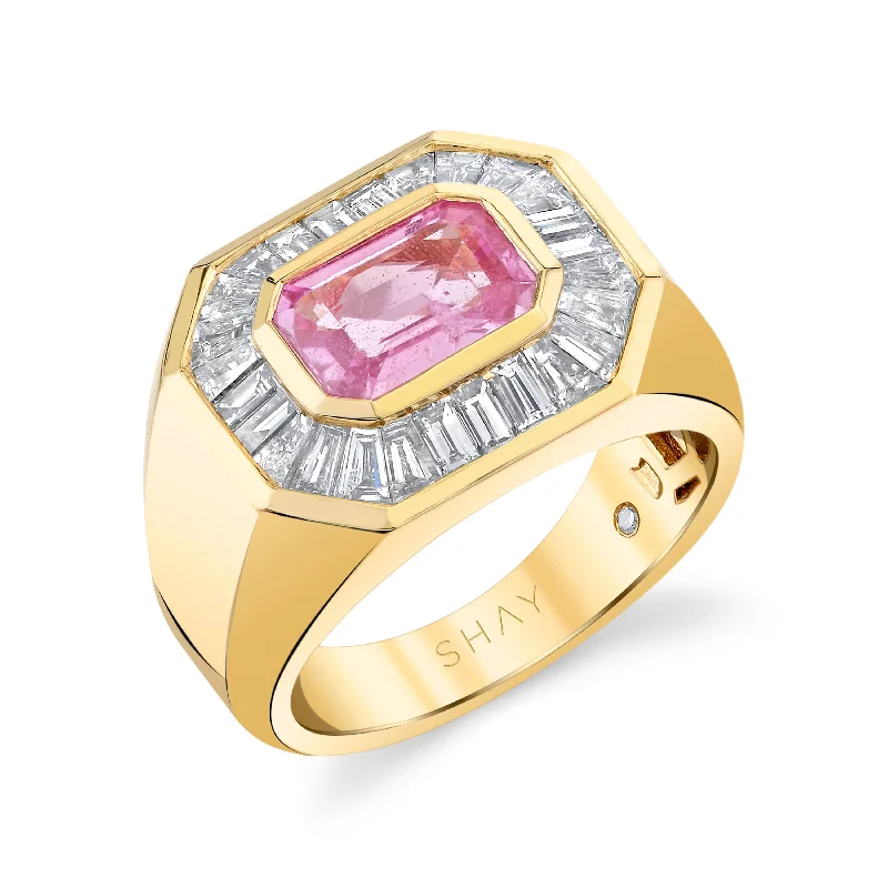 women chic rings -PINK SAPPHIRE & DIAMOND BAGUETTE CHAMPIONSHIP RING