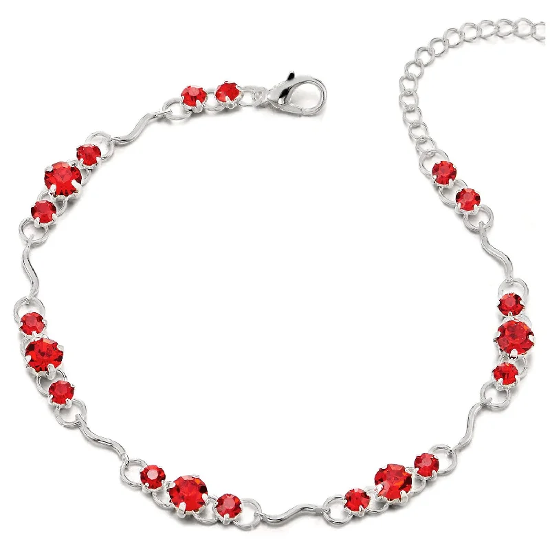 women jewelry bangles -Adjustable Link Chain Anklet Bracelet with Charms of Red Solitaire Cubic Zirconia Sparkling